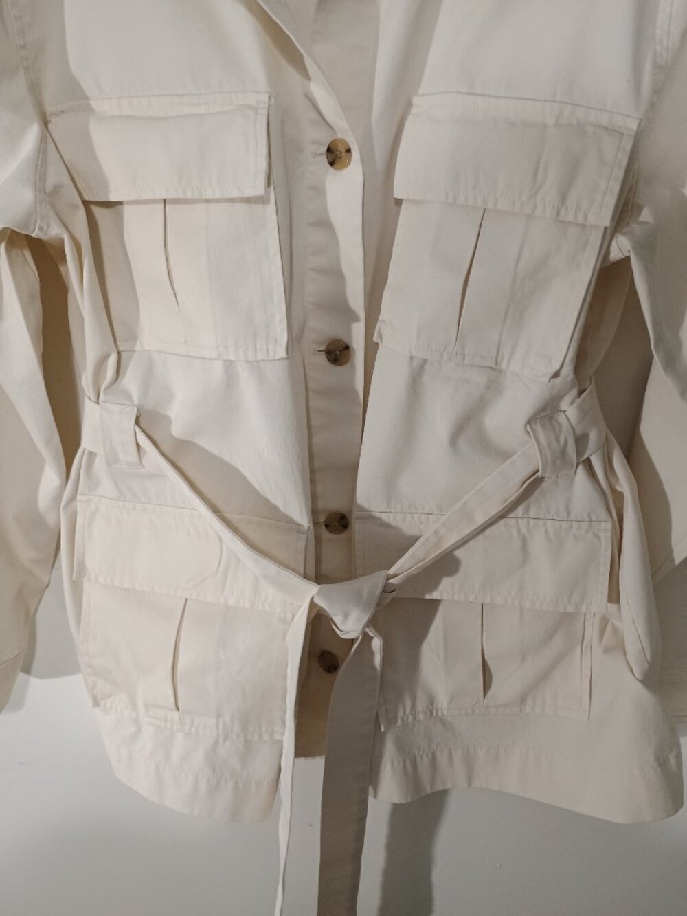 A New Day Women's Utility Safari Jacket XL Ivory Cream 100% Cotton Belted Cargo - Picture 5 of 8